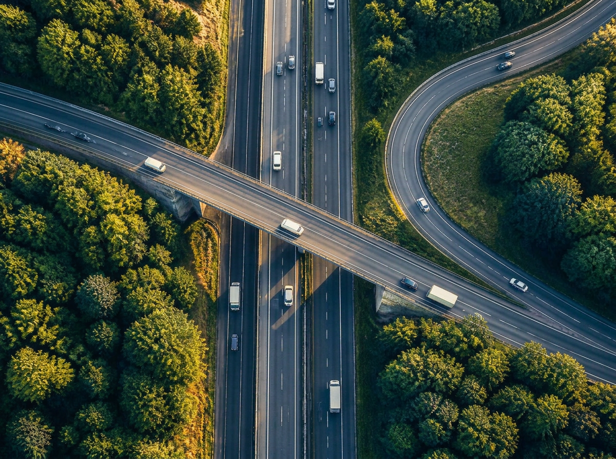 Cinematic aerial view of a UK motorway flyover cutting through woodland, colour graded to AccuTemp navy and warm brass — evoking nationwide reach and daily miles on the road