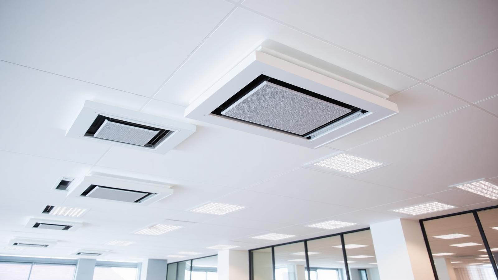 Newly installed ceiling cassette air conditioning in a UK commercial office