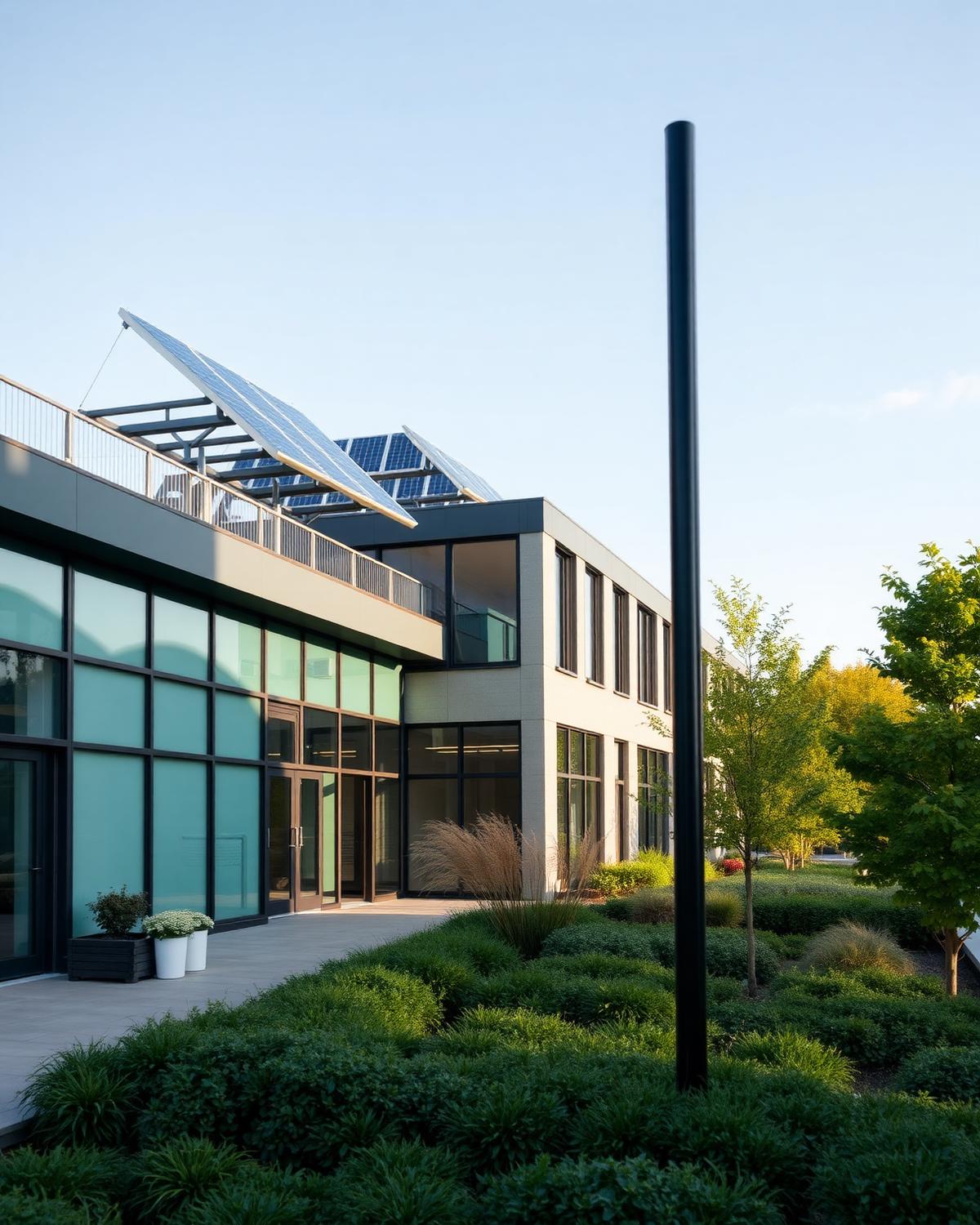 Modern UK commercial building with solar panels and green landscaping